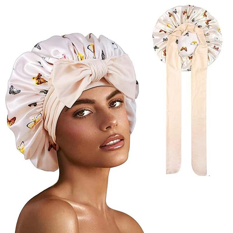 New Flower print Silky Bonnet For Sleeping Satin Hair Bonnet With Tie Band Hair Cover Night Shower Cap For Natural Curly Hair