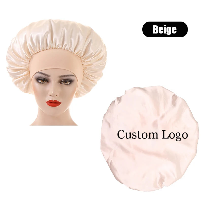 10Pcs Custom Logo Satin Bonnet With Comfortable 6Cm Wide Band Female Hair Protect Soft Hat Head Cover Caps Bathroom Accessories
