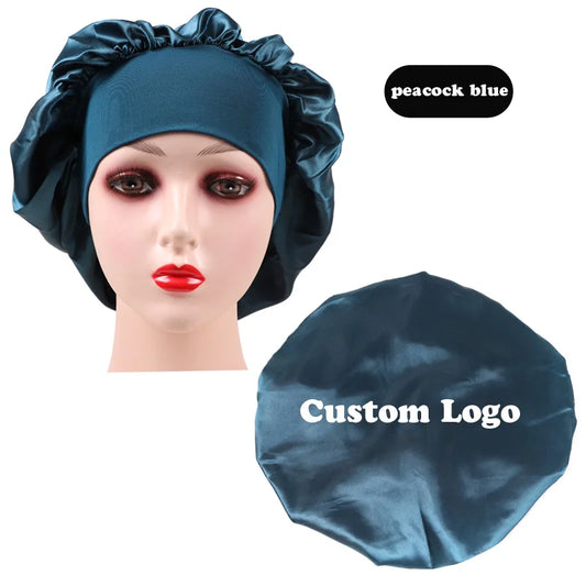 10Pcs Custom Logo Satin Bonnet With Comfortable 6Cm Wide Band Female Hair Protect Soft Hat Head Cover Caps Bathroom Accessories