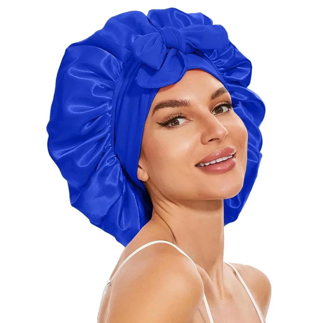 New Satin Solid Sleeping Hat With Stretchy Tie Band Elastic For Women Night Shower Cap Adjustable Hair Head Cover Bonnet Turban