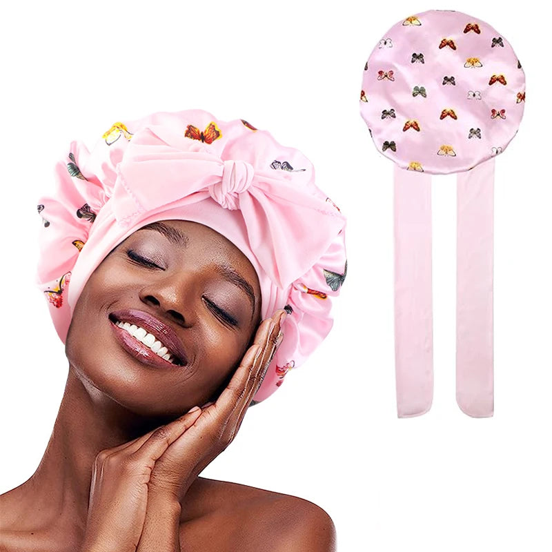 New Flower print Silky Bonnet For Sleeping Satin Hair Bonnet With Tie Band Hair Cover Night Shower Cap For Natural Curly Hair