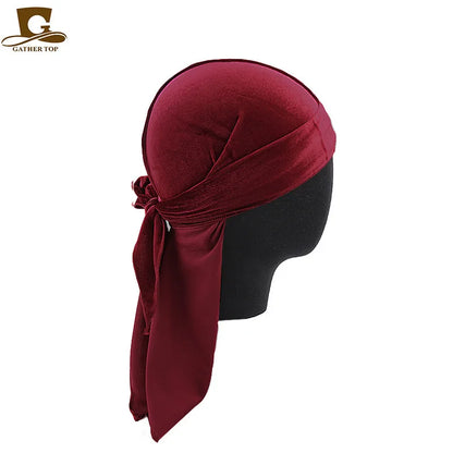 Unisex Men Women Velvet Durags Bandana Turban do doo du rag long tail Biker headwrap Headband Pirate Hat Hair Accessories