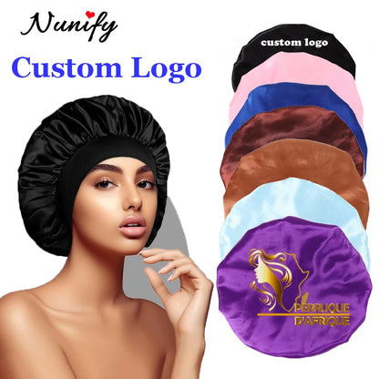10Pcs Custom Logo Satin Bonnet With Comfortable 6Cm Wide Band Female Hair Protect Soft Hat Head Cover Caps Bathroom Accessories