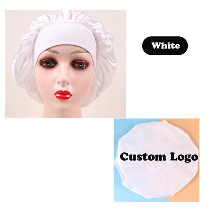 10Pcs Custom Logo Satin Bonnet With Comfortable 6Cm Wide Band Female Hair Protect Soft Hat Head Cover Caps Bathroom Accessories