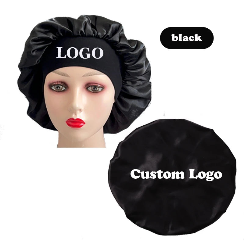 10Pcs Custom Logo Satin Bonnet With Comfortable 6Cm Wide Band Female Hair Protect Soft Hat Head Cover Caps Bathroom Accessories