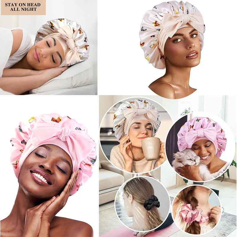 New Flower print Silky Bonnet For Sleeping Satin Hair Bonnet With Tie Band Hair Cover Night Shower Cap For Natural Curly Hair