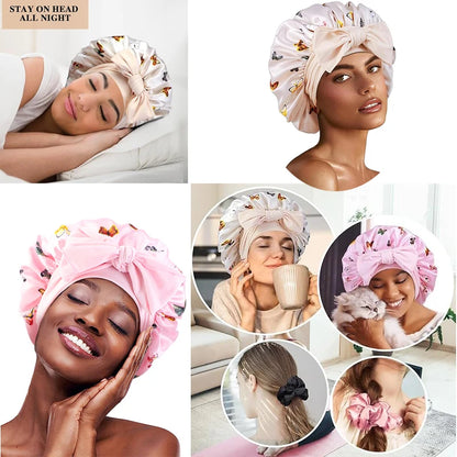 New Flower print Silky Bonnet For Sleeping Satin Hair Bonnet With Tie Band Hair Cover Night Shower Cap For Natural Curly Hair
