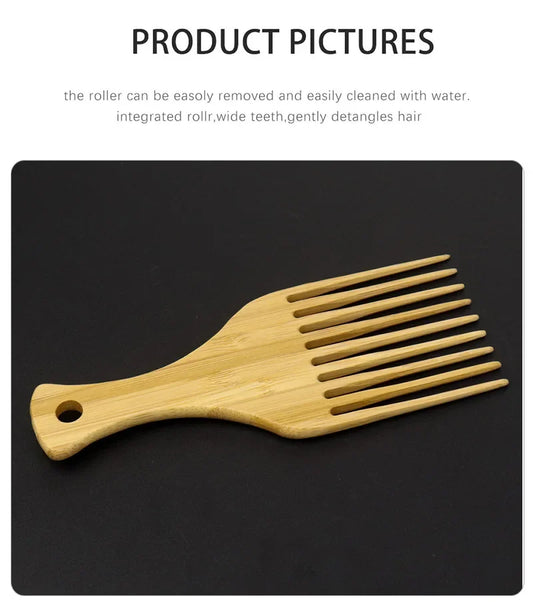 1pc Natural Bamboo Wooden Anti-static Insert Afro Hair Pick Comb Wide Teeth Hair Fork Brush Man Oil Head Bamboo Gear Curly Afro