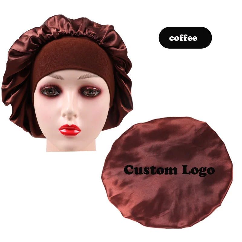 10Pcs Custom Logo Satin Bonnet With Comfortable 6Cm Wide Band Female Hair Protect Soft Hat Head Cover Caps Bathroom Accessories