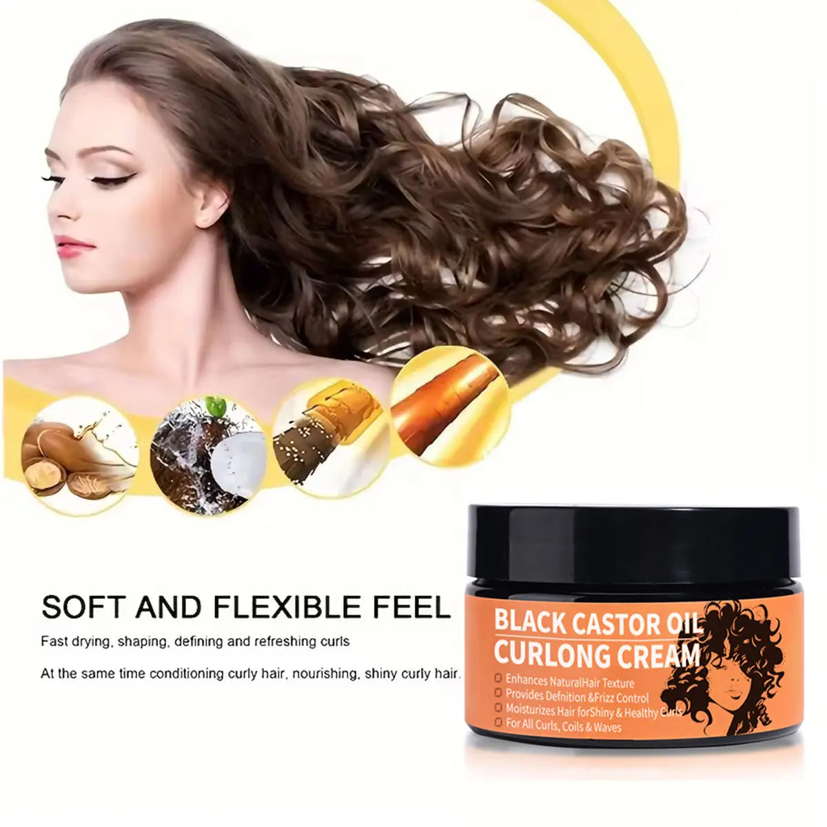 Black Castor Oil Curl Defining Cream Non-Stick Hydrates & Eliminates Frizz, Hair-Smoothing Anti-Frizz Cream to Define