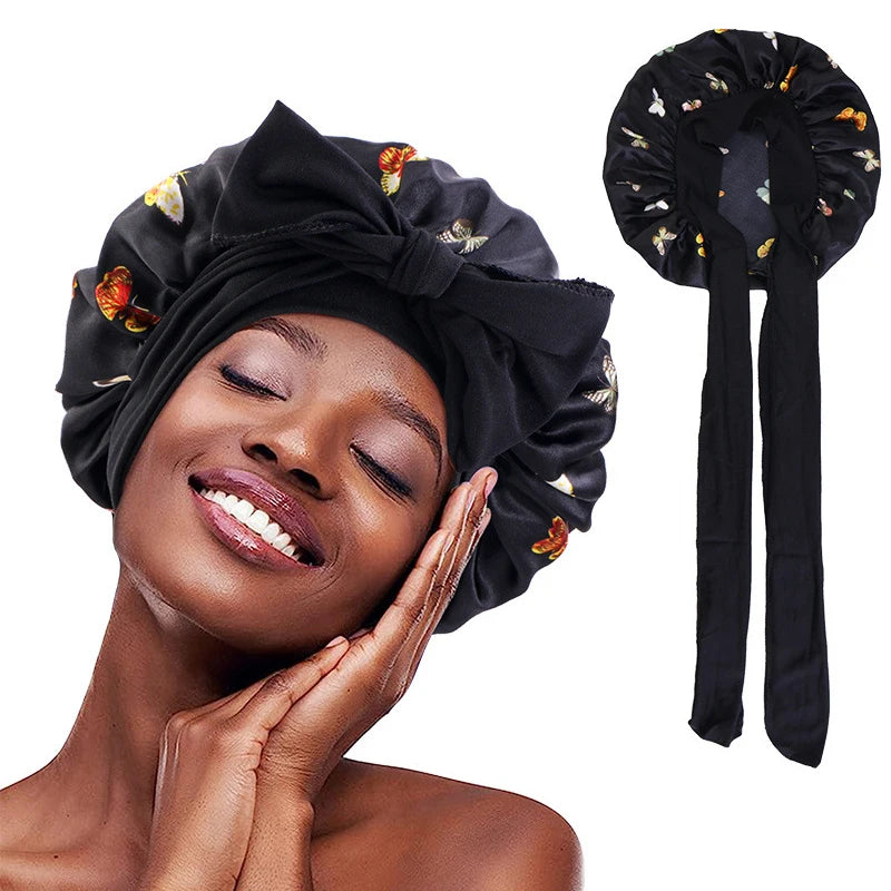 New Flower print Silky Bonnet For Sleeping Satin Hair Bonnet With Tie Band Hair Cover Night Shower Cap For Natural Curly Hair