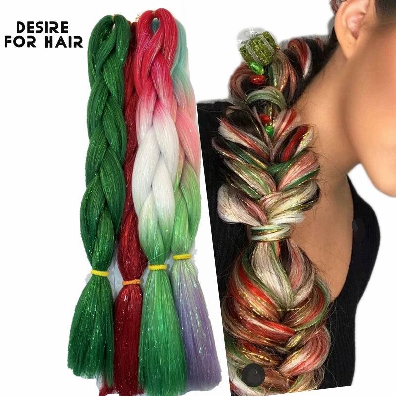 Desire for Hair 24inch Synthetic Braiding Hair Mix Tinsel Bling Bling Red Christmas Color Synthetic Hair Extensions Jumbo Braids