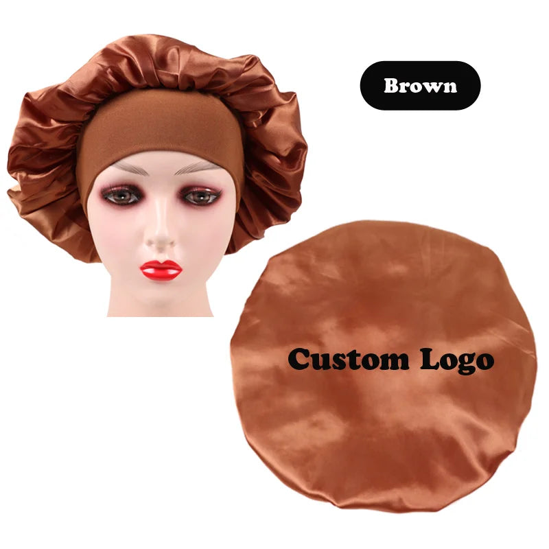 10Pcs Custom Logo Satin Bonnet With Comfortable 6Cm Wide Band Female Hair Protect Soft Hat Head Cover Caps Bathroom Accessories