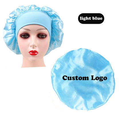 10Pcs Custom Logo Satin Bonnet With Comfortable 6Cm Wide Band Female Hair Protect Soft Hat Head Cover Caps Bathroom Accessories