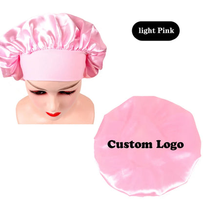10Pcs Custom Logo Satin Bonnet With Comfortable 6Cm Wide Band Female Hair Protect Soft Hat Head Cover Caps Bathroom Accessories