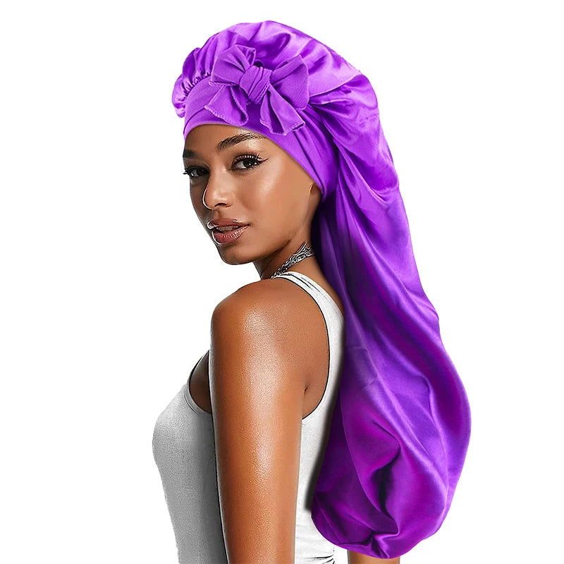Solid Color Bowknot Braid Bonnet Classic Long Satin Bonnets Soft Sleeping Night Cap Breathable Hair Bonnets For Women Daily Use