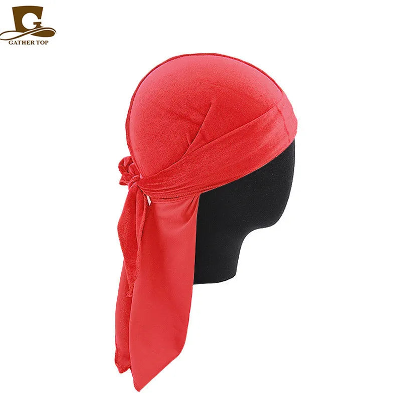 Unisex Men Women Velvet Durags Bandana Turban do doo du rag long tail Biker headwrap Headband Pirate Hat Hair Accessories