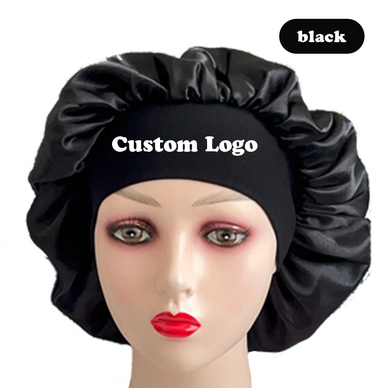 10Pcs Custom Logo Satin Bonnet With Comfortable 6Cm Wide Band Female Hair Protect Soft Hat Head Cover Caps Bathroom Accessories