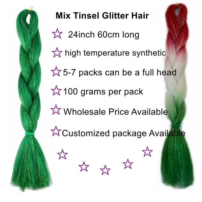 Desire for Hair 24inch Synthetic Braiding Hair Mix Tinsel Bling Bling Red Christmas Color Synthetic Hair Extensions Jumbo Braids
