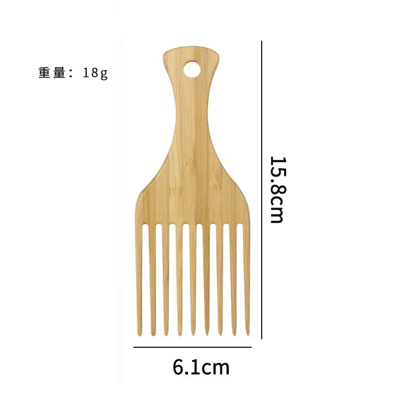 1pc Natural Bamboo Wooden Anti-static Insert Afro Hair Pick Comb Wide Teeth Hair Fork Brush Man Oil Head Bamboo Gear Curly Afro