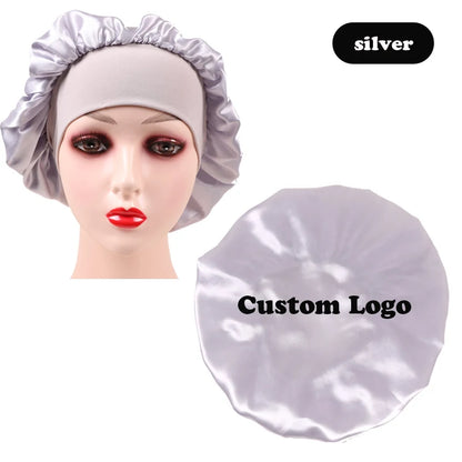 10Pcs Custom Logo Satin Bonnet With Comfortable 6Cm Wide Band Female Hair Protect Soft Hat Head Cover Caps Bathroom Accessories