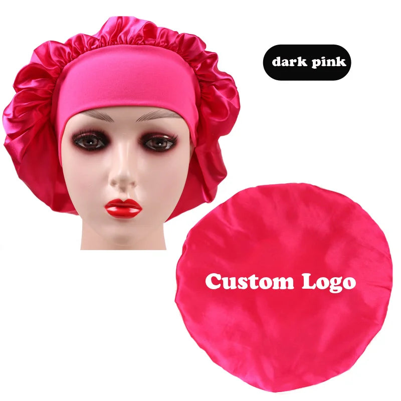 10Pcs Custom Logo Satin Bonnet With Comfortable 6Cm Wide Band Female Hair Protect Soft Hat Head Cover Caps Bathroom Accessories
