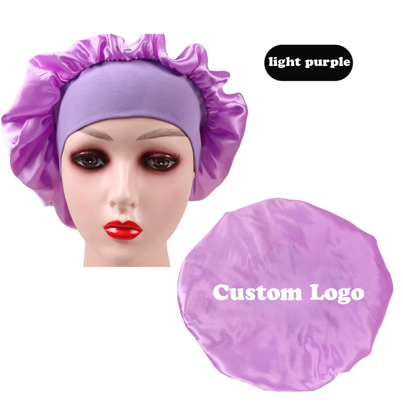 10Pcs Custom Logo Satin Bonnet With Comfortable 6Cm Wide Band Female Hair Protect Soft Hat Head Cover Caps Bathroom Accessories