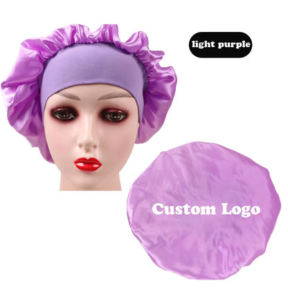 10Pcs Custom Logo Satin Bonnet With Comfortable 6Cm Wide Band Female Hair Protect Soft Hat Head Cover Caps Bathroom Accessories