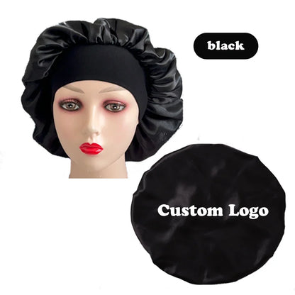 10Pcs Custom Logo Satin Bonnet With Comfortable 6Cm Wide Band Female Hair Protect Soft Hat Head Cover Caps Bathroom Accessories