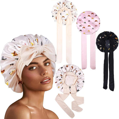 New Flower print Silky Bonnet For Sleeping Satin Hair Bonnet With Tie Band Hair Cover Night Shower Cap For Natural Curly Hair