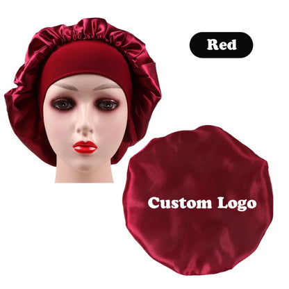10Pcs Custom Logo Satin Bonnet With Comfortable 6Cm Wide Band Female Hair Protect Soft Hat Head Cover Caps Bathroom Accessories