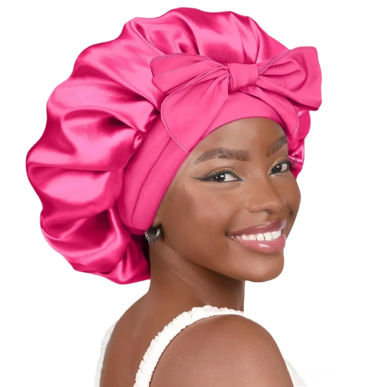 New Satin Solid Sleeping Hat With Stretchy Tie Band Elastic For Women Night Shower Cap Adjustable Hair Head Cover Bonnet Turban