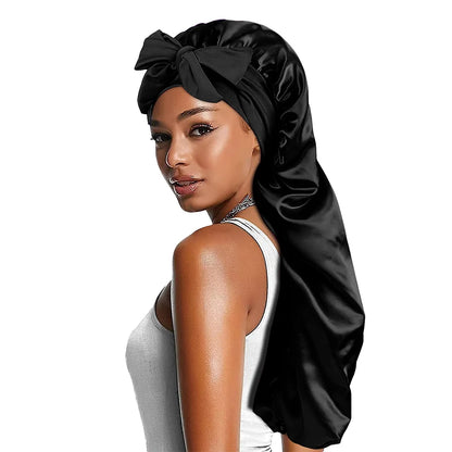 Solid Color Bowknot Braid Bonnet Classic Long Satin Bonnets Soft Sleeping Night Cap Breathable Hair Bonnets For Women Daily Use