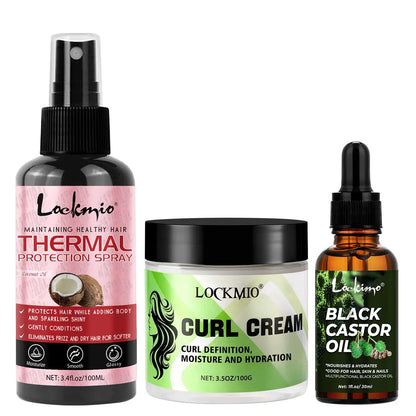 Curly Hair Hydration Styling Set Heat Protection Spray, Curl-Defining Cream,Black Castor Oil Long-Lasting Moisture Care Products