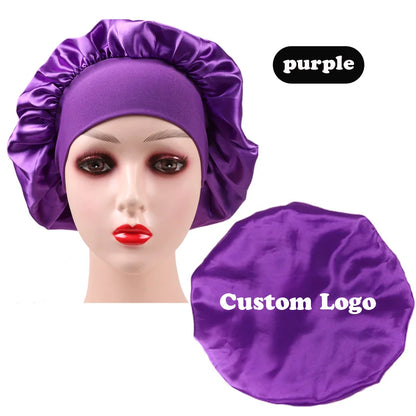 10Pcs Custom Logo Satin Bonnet With Comfortable 6Cm Wide Band Female Hair Protect Soft Hat Head Cover Caps Bathroom Accessories
