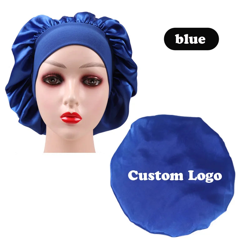 10Pcs Custom Logo Satin Bonnet With Comfortable 6Cm Wide Band Female Hair Protect Soft Hat Head Cover Caps Bathroom Accessories
